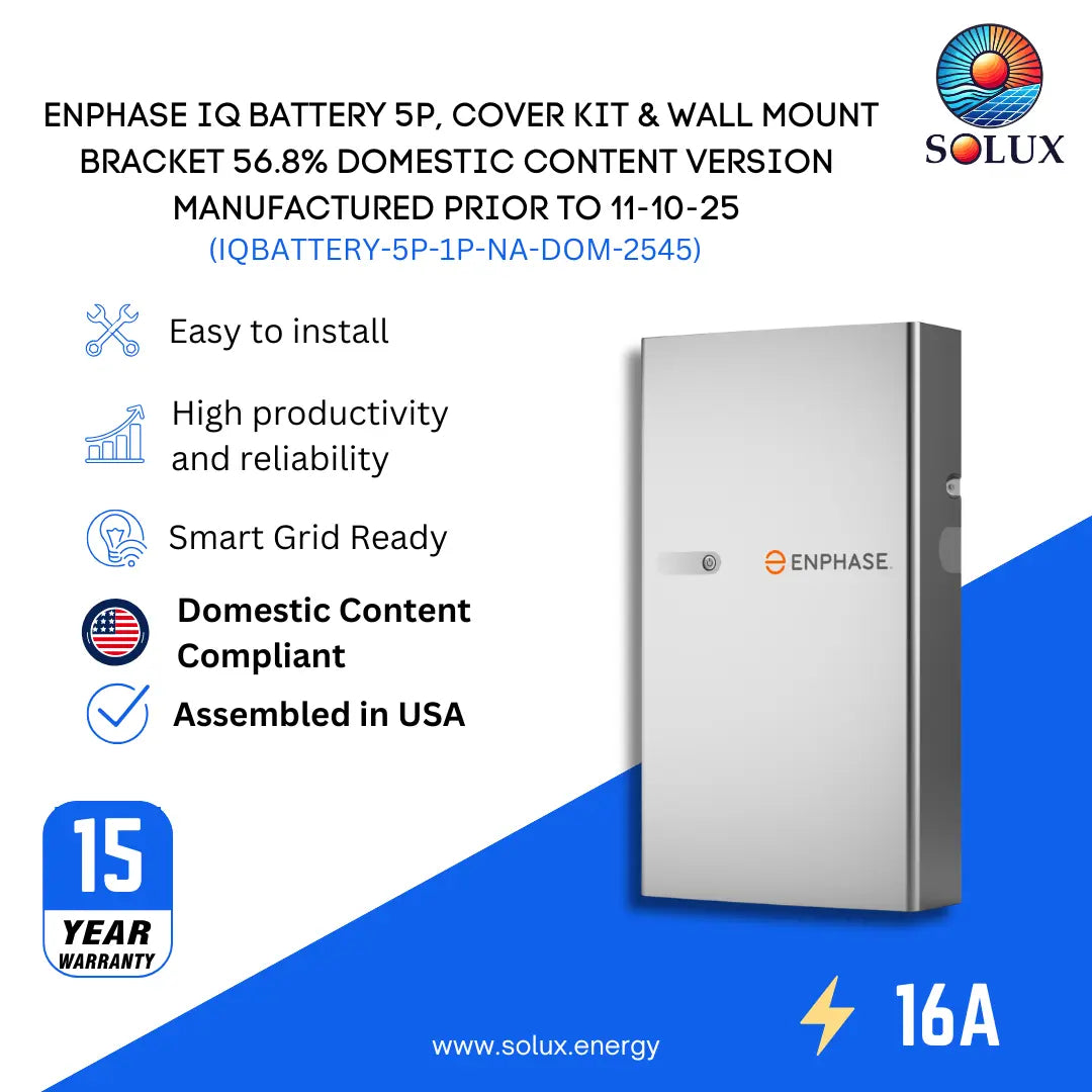 Enphase IQ Battery 5P 1P 56.8% Domestic Content infographic, listing "Assembled in USA", 15-year warranty, and 16A.